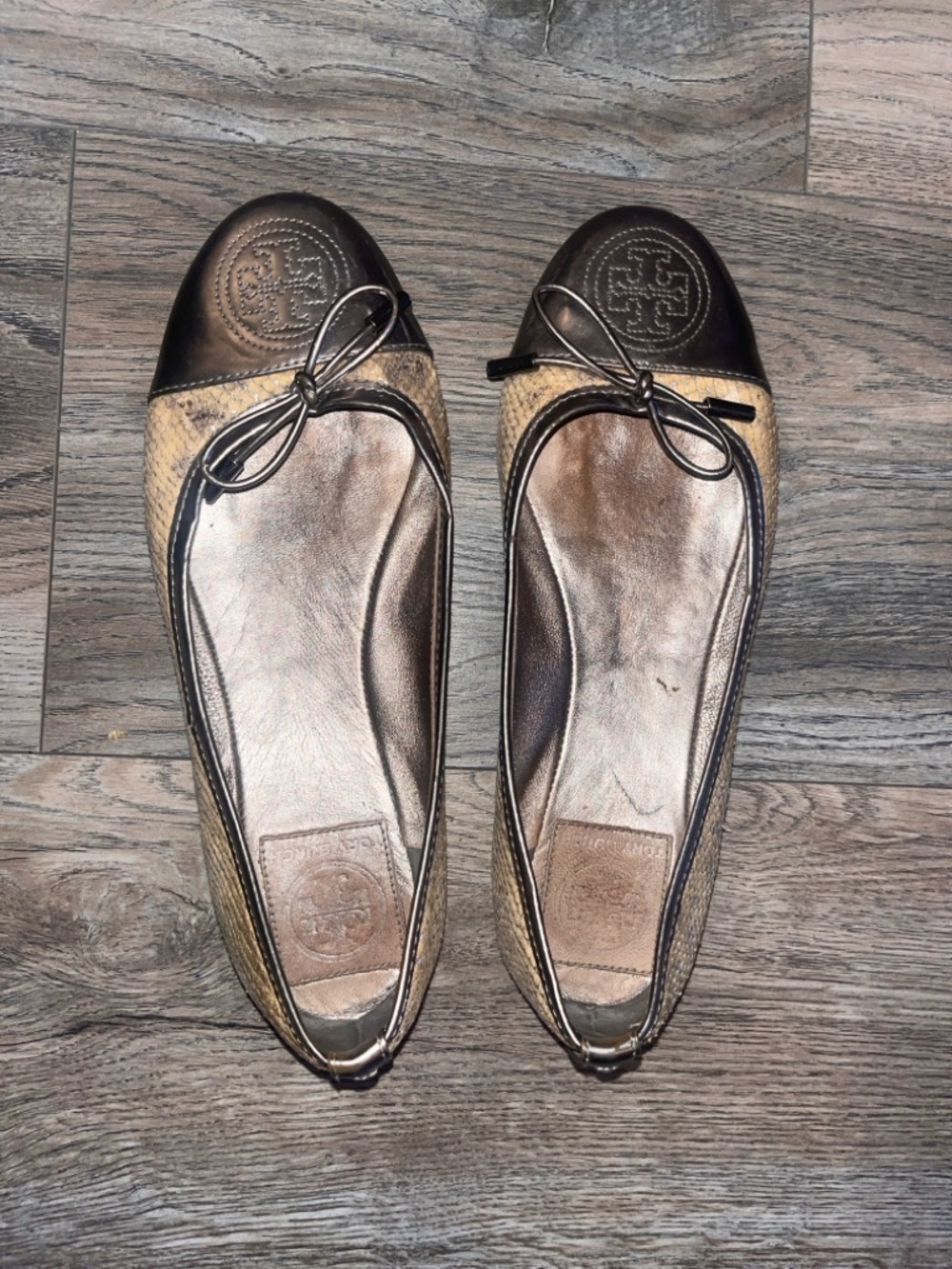 Tory Burch Brown and Tan Logo Cap-Toe Ballet Flats